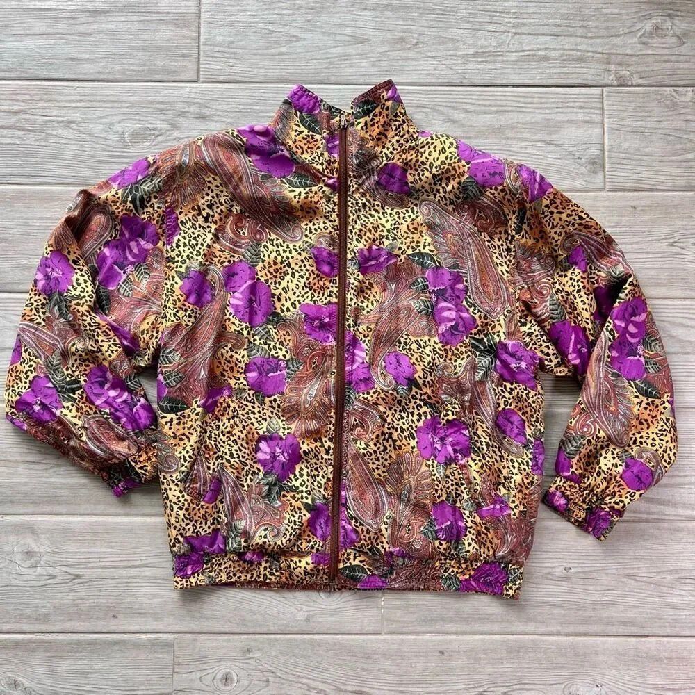 Retro Silk Road Womens Multicolor Paisley‎ Floral Animal Print Bomber Jacket M